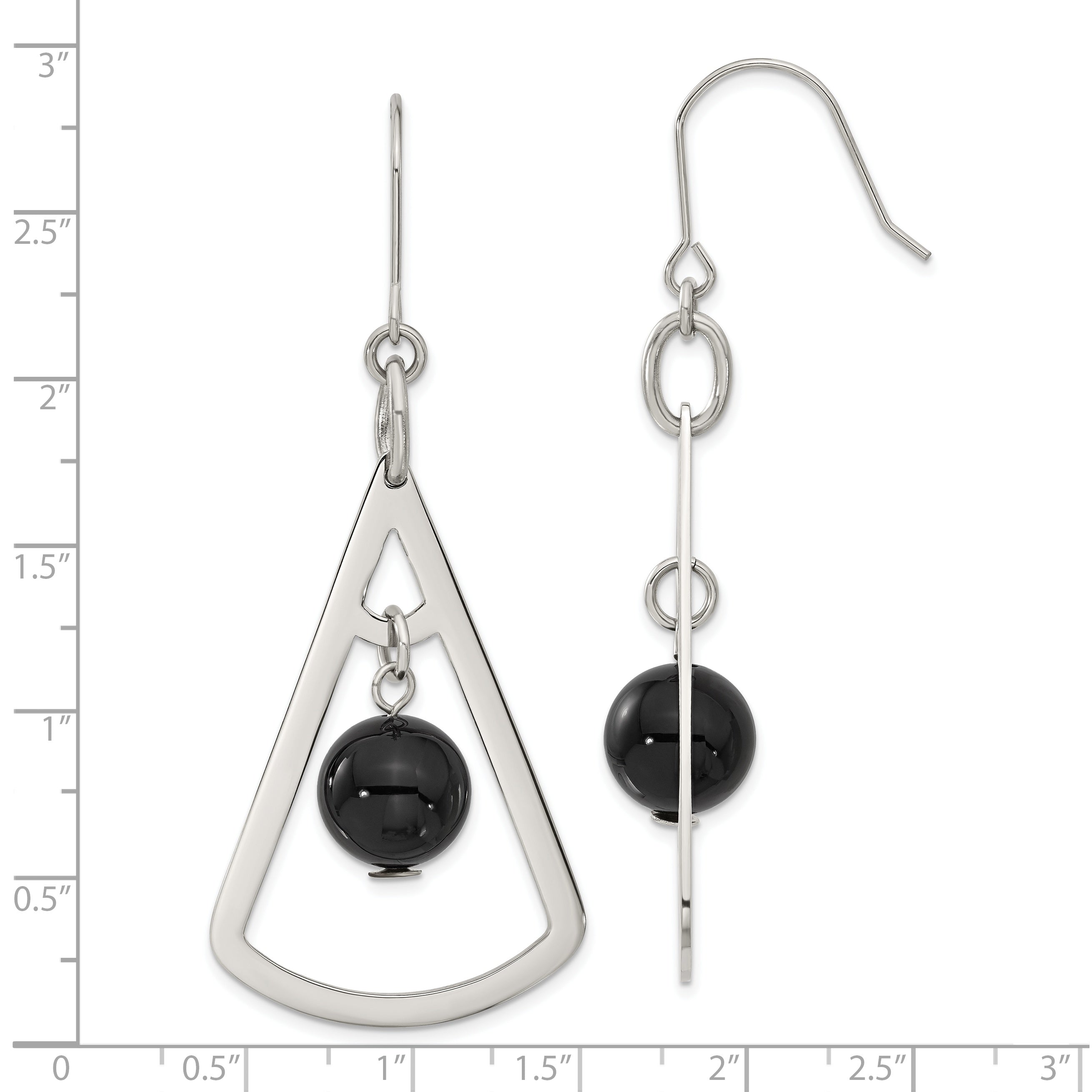 Stainless Steel Triangle & Onyx Dangle Shepherd Hook Earrings