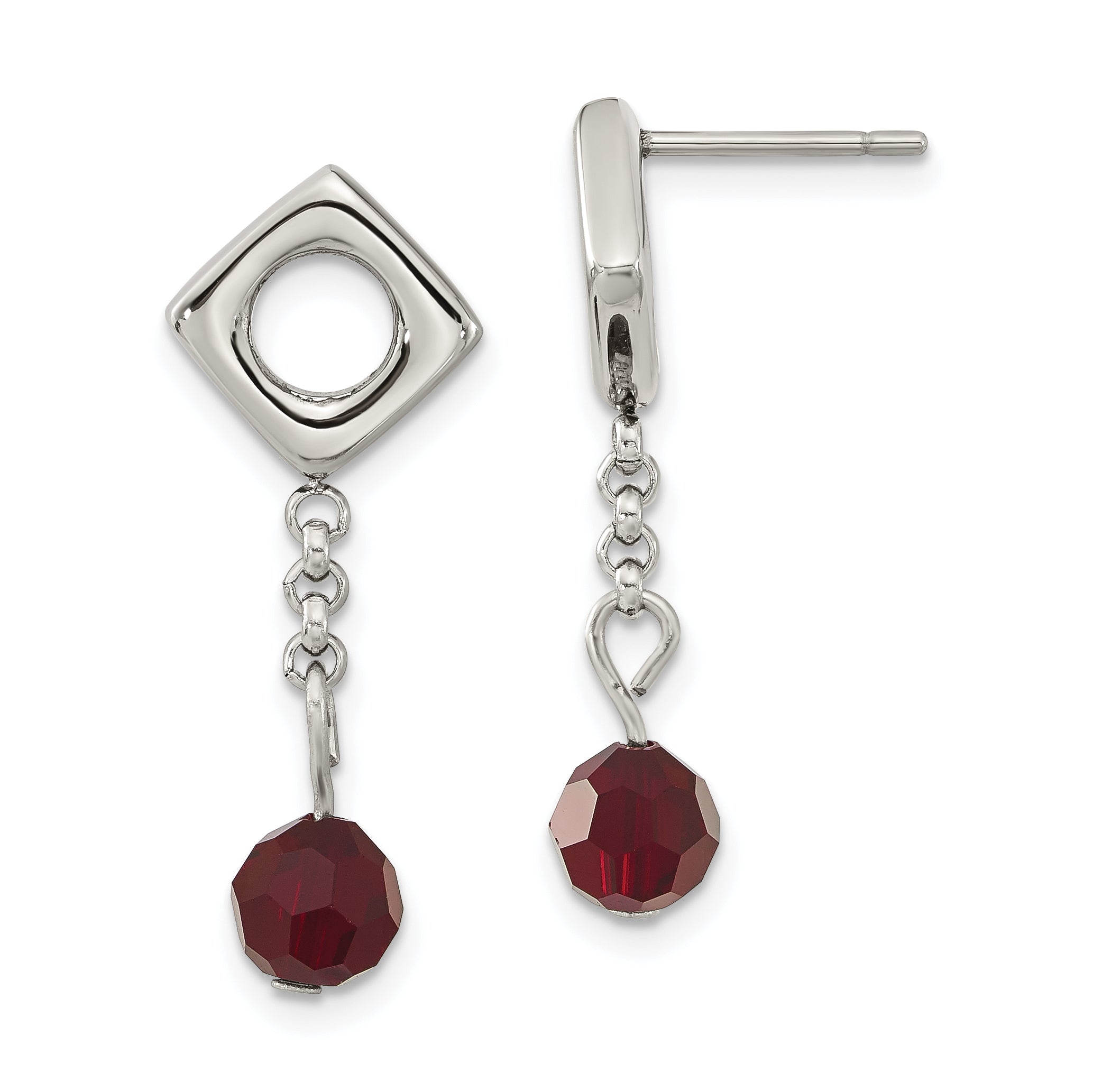 Stainless Steel Red Swarovski Crystal Post Dangle Earrings