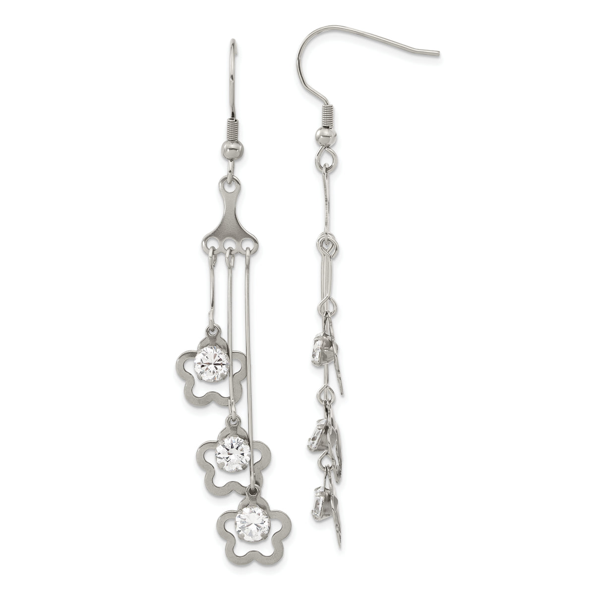 Stainless Steel w/ CZ Flower Dangle Earrings