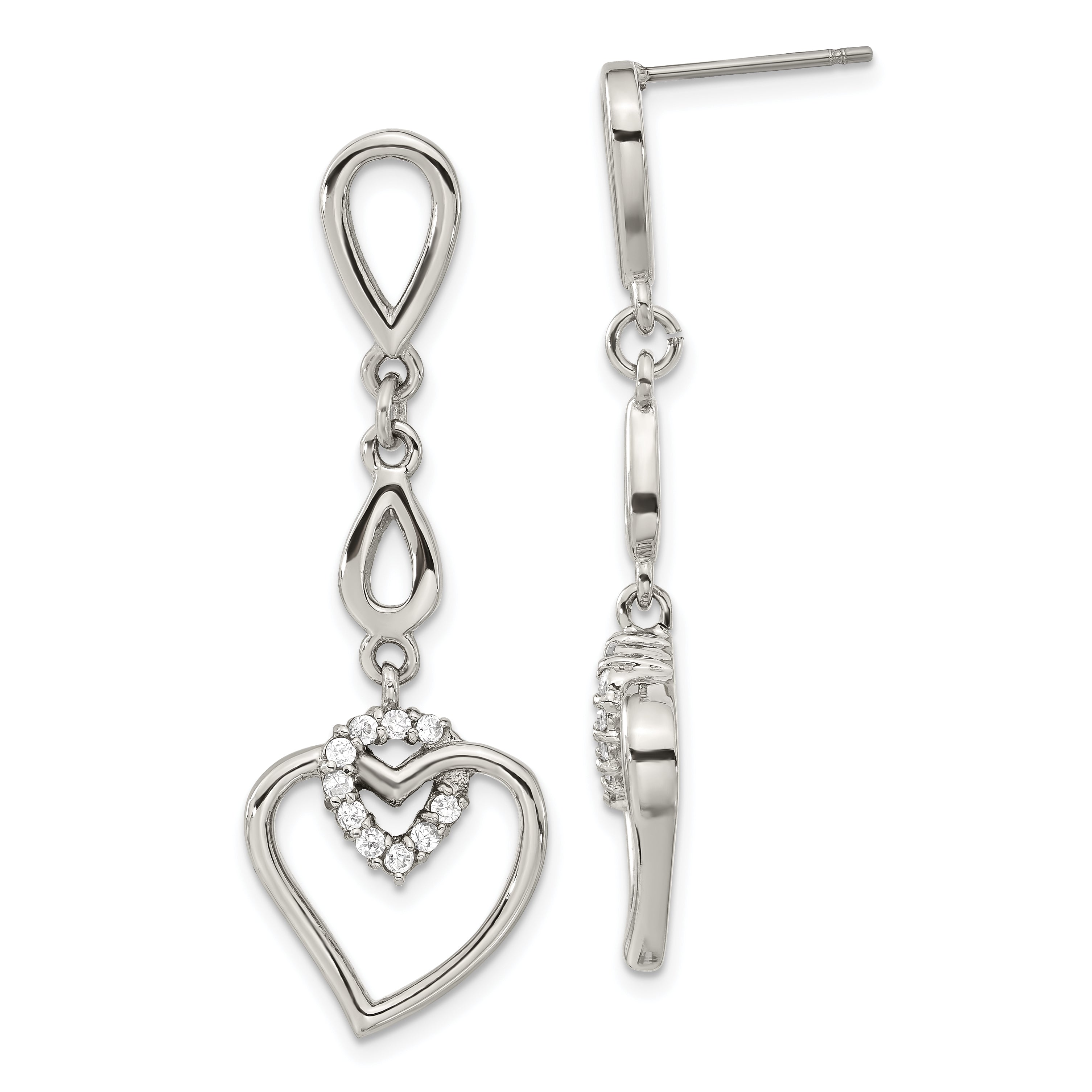 Stainless Steel Heart w/CZ Post Dangle Earrings