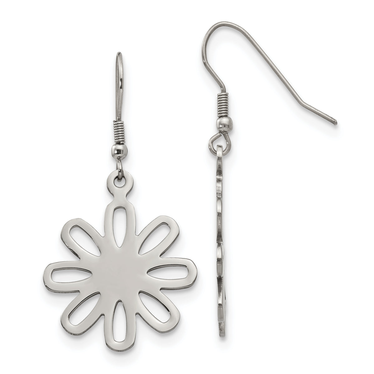 Chisel Stainless Steel Polished Large Flower Dangle Shepherd Hook Earrings