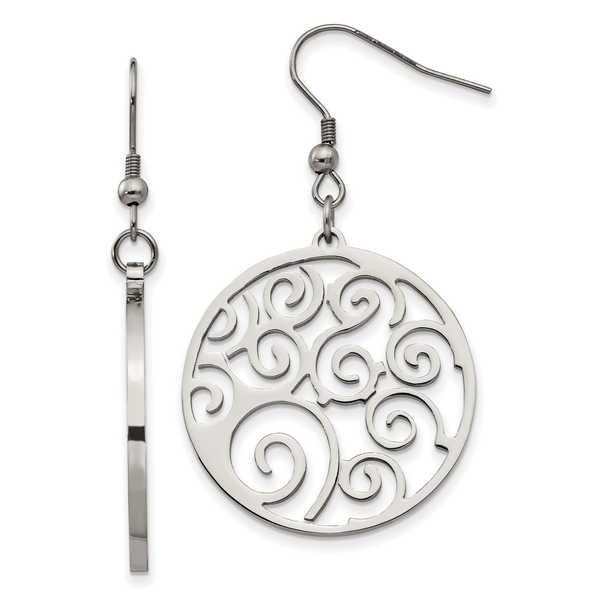 Chisel Stainless Steel Polished Fancy Swirl Cut out Dangle Shepherd Hook Earrings