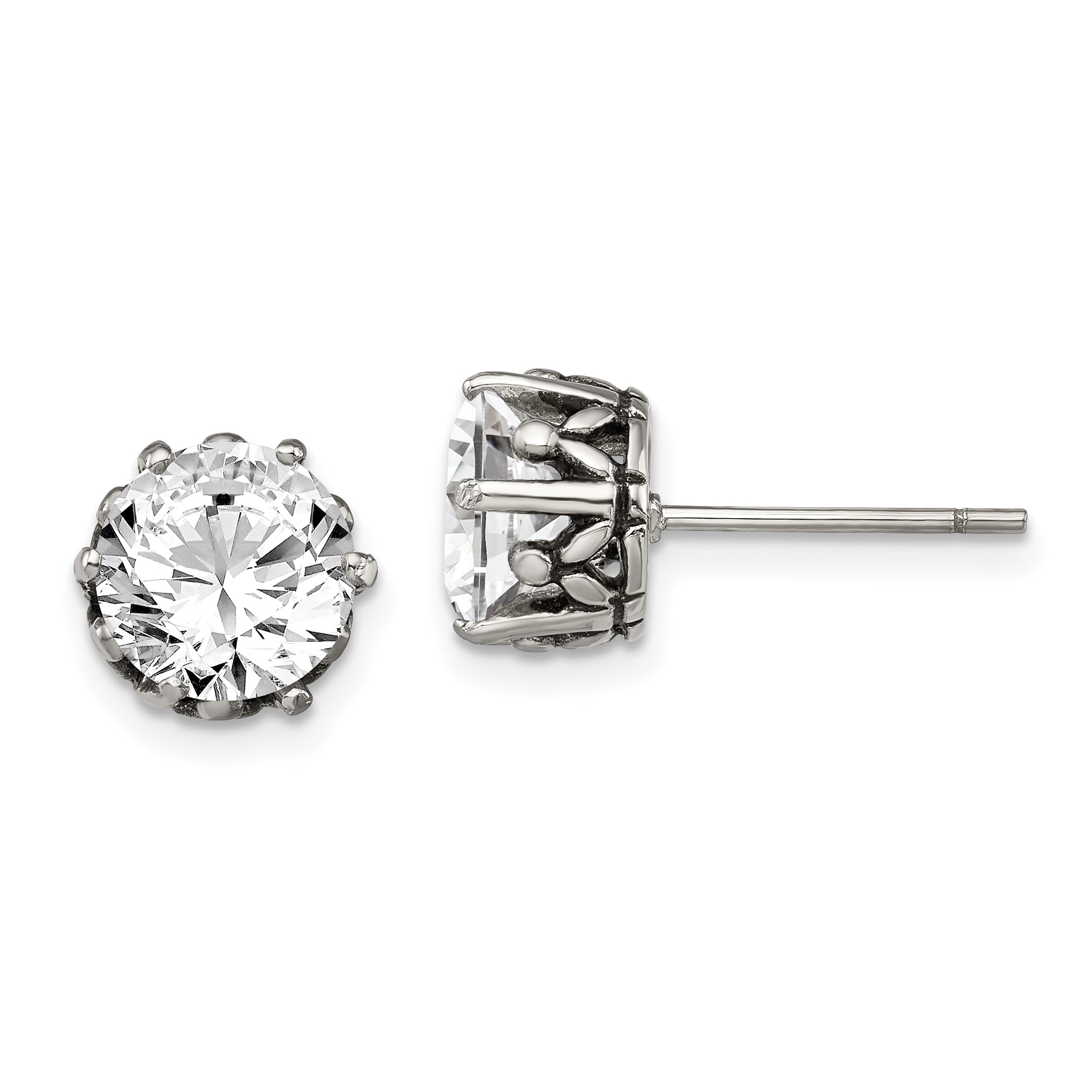 Chisel Stainless Steel Antiqued and Polished Round CZ Post Earrings