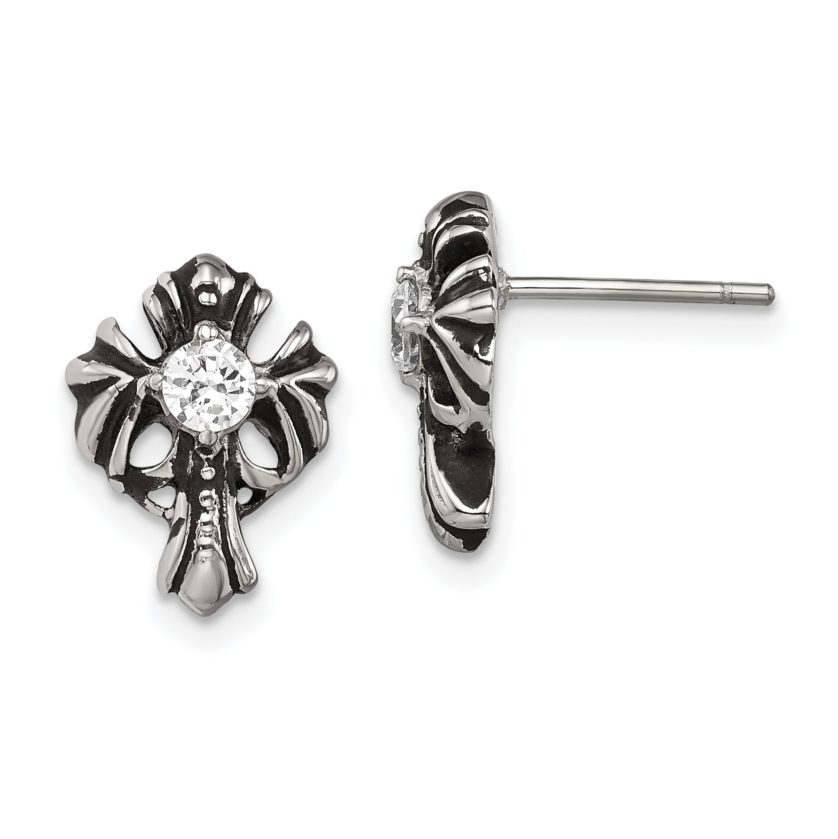 Chisel Stainless Steel Antiqued and Polished with CZ Cross Post Earrings