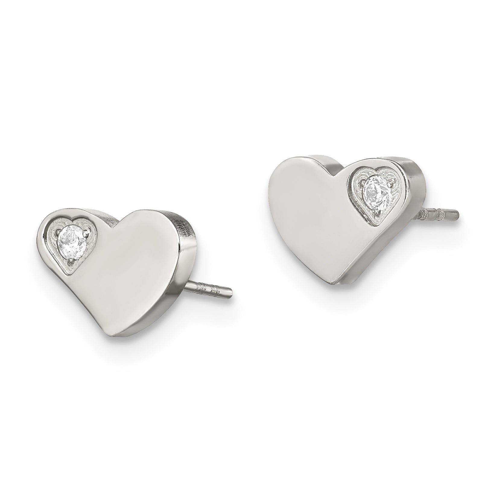 Stainless Steel Heart Earrings with CZ Stone in Polished Finish