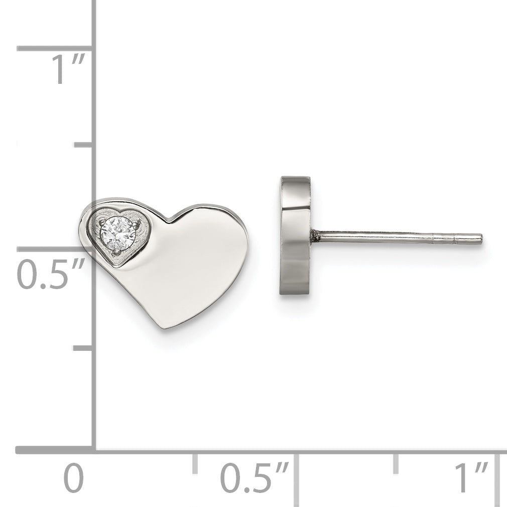 Stainless Steel Heart Earrings with CZ Stone in Polished Finish