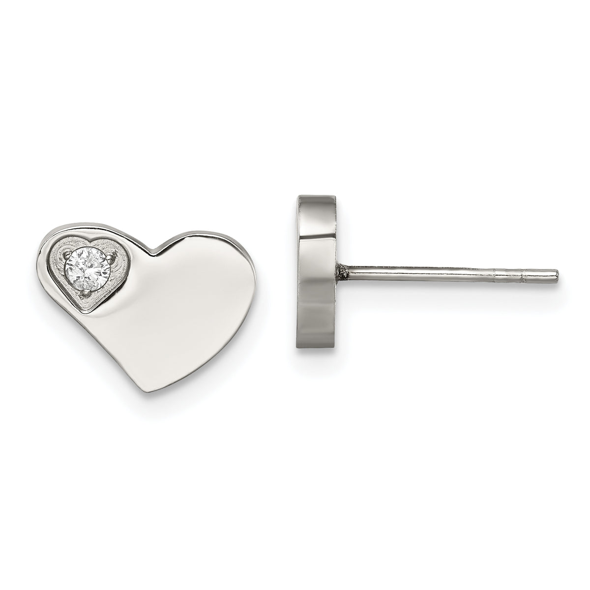 Chisel Stainless Steel Polished with CZ Heart Post Earrings