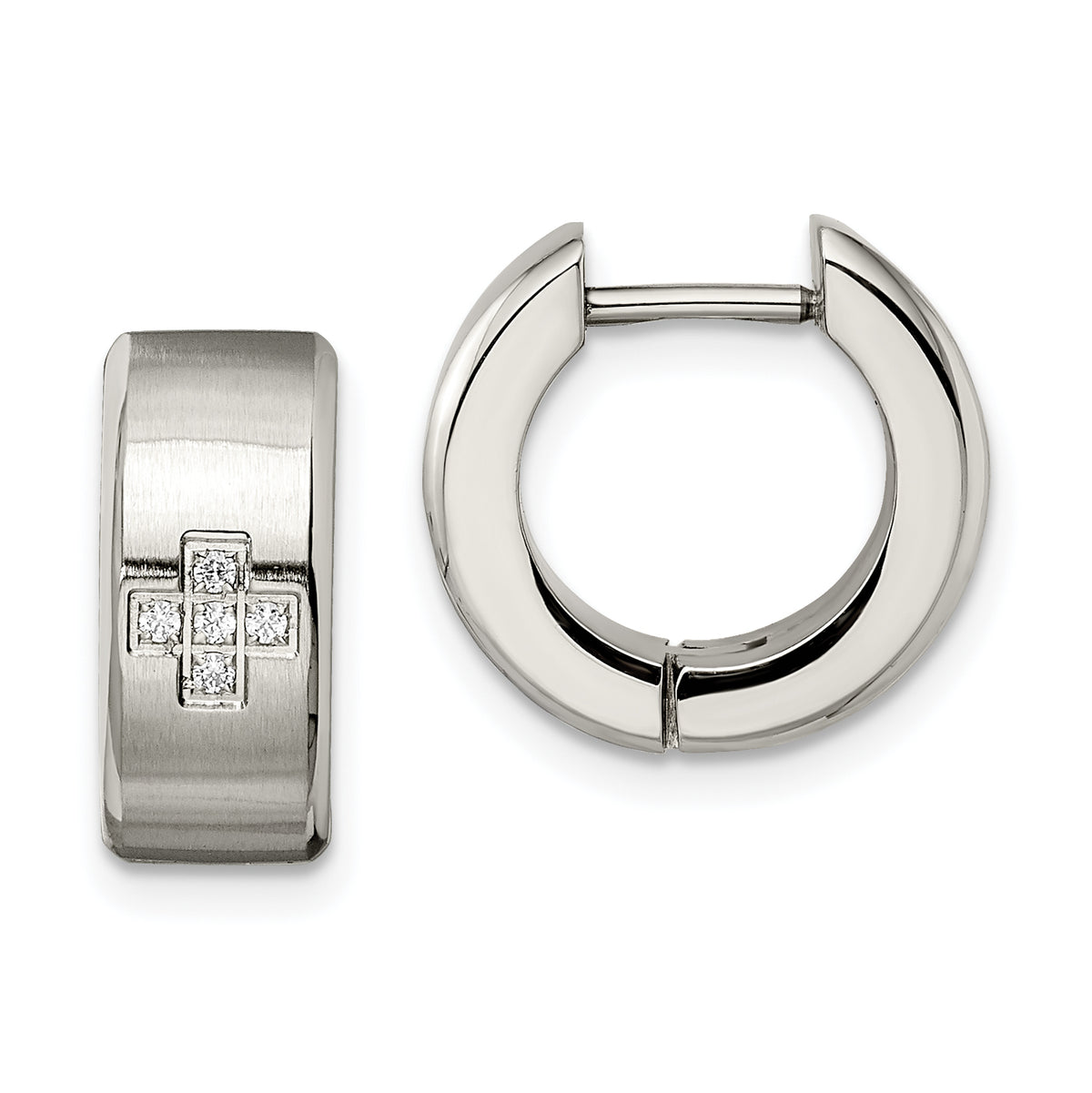 Chisel Stainless Steel Brushed and Polished with CZ 6mm Hinged Hoop Earrings