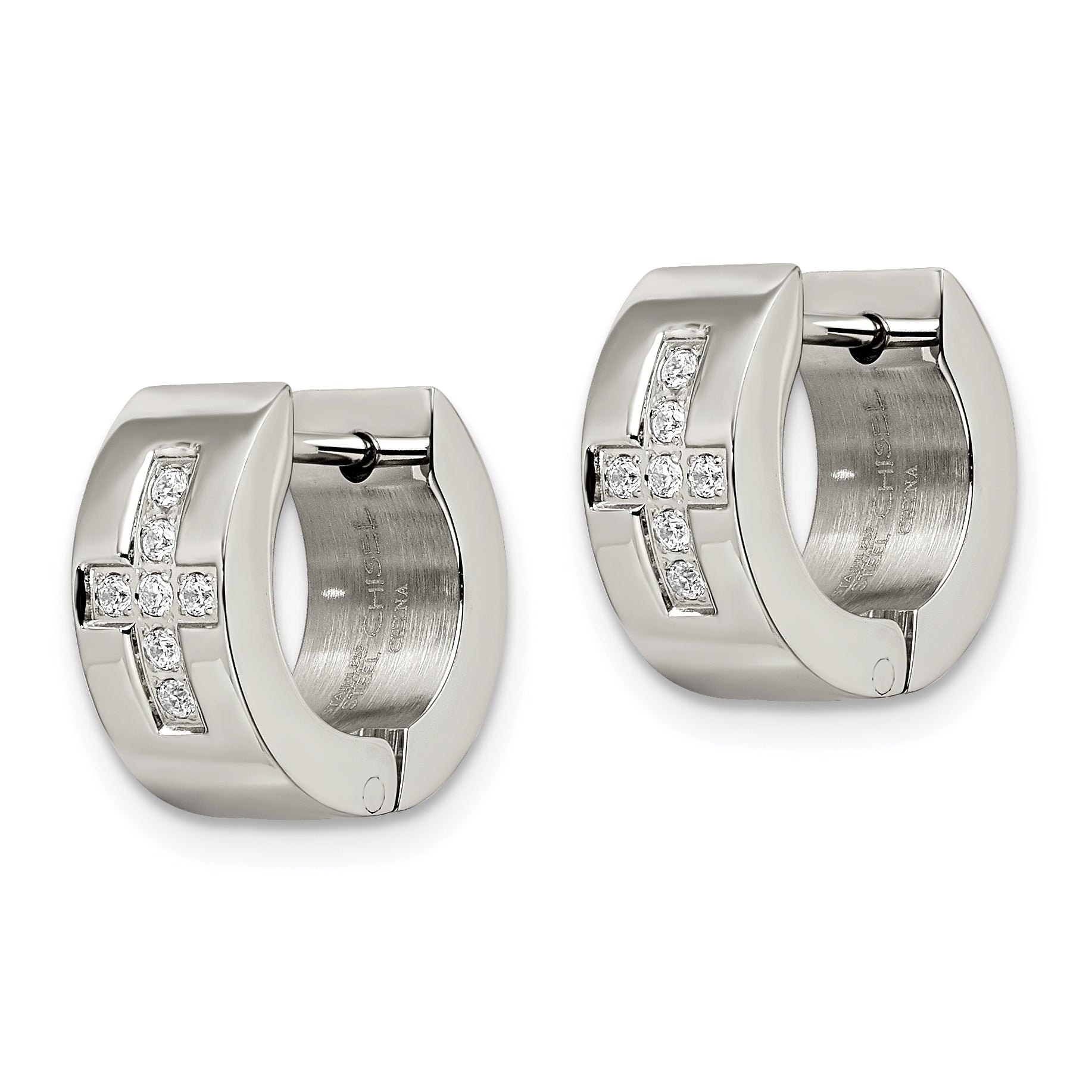 Chisel Stainless Steel Brushed and Polished with CZ Cross 6mm Hinged Hoop Earrings