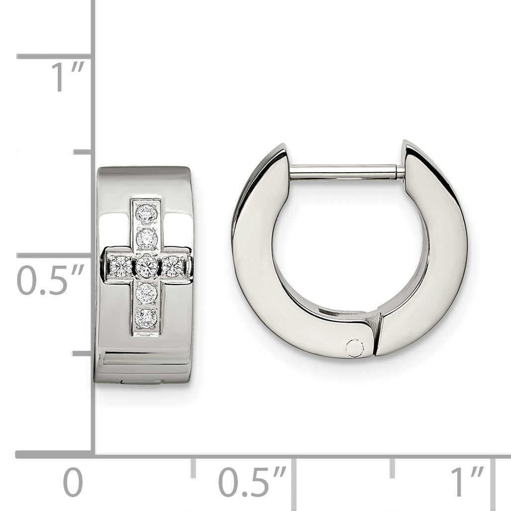 Chisel Stainless Steel Brushed and Polished with CZ Cross 6mm Hinged Hoop Earrings