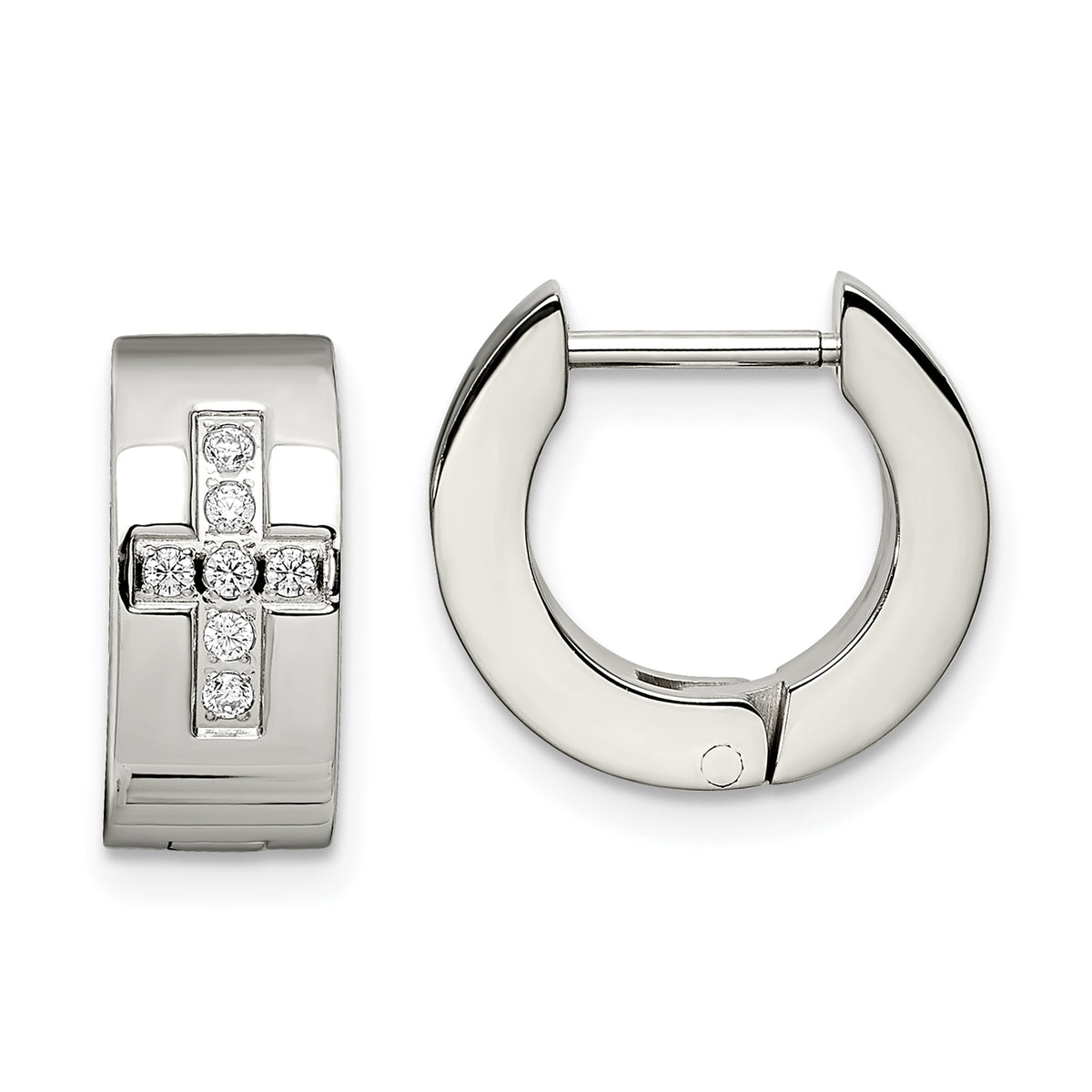 Chisel Stainless Steel Brushed and Polished with CZ Cross 6mm Hinged Hoop Earrings