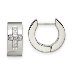 Chisel Stainless Steel Brushed and Polished with CZ Cross 6mm Hinged Hoop Earrings