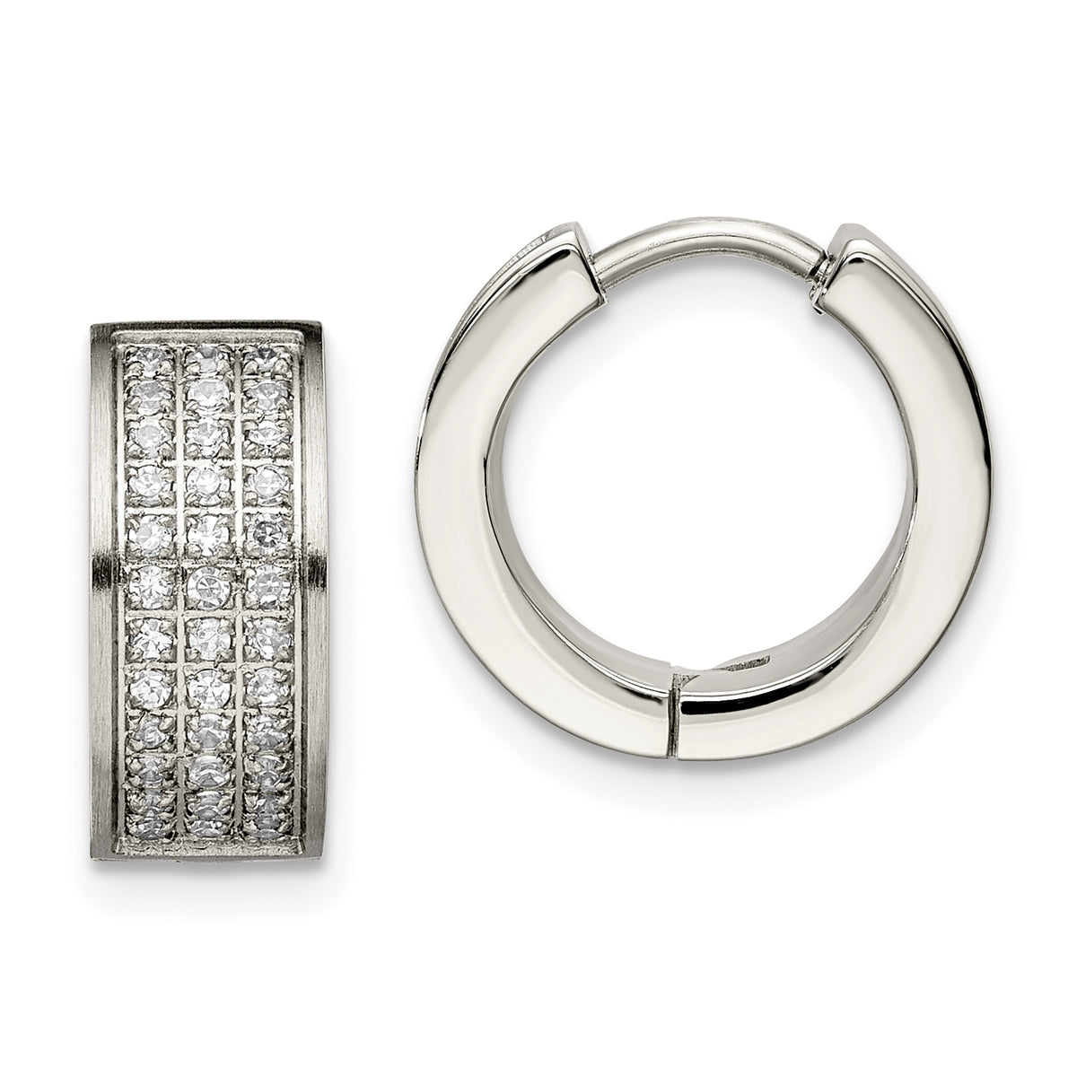 Chisel Stainless Steel Brushed and Polished with CZ 6mm Hinged Hoop Earrings