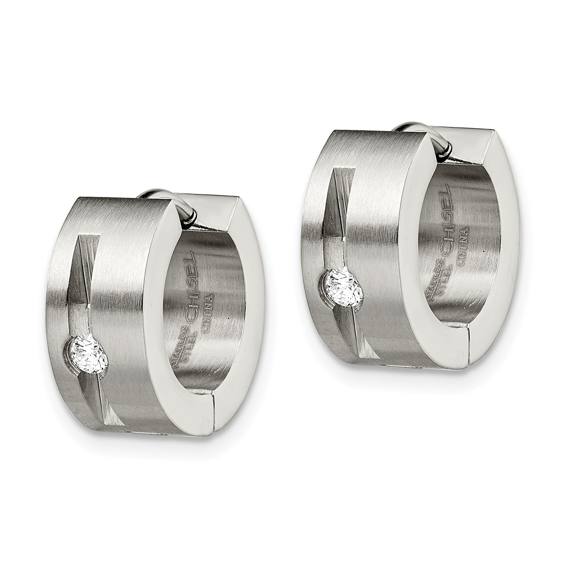 Sophia Jewelers Unisex Stainless Steel CZ Hoop Earrings Brushed & Polished