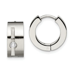 Chisel Stainless Steel Brushed and Polished with CZ 7mm Hinged Hoop Earrings