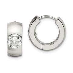 Chisel Stainless Steel Brushed and Polished with CZ Round 7mm Hinged Hoop Earrings