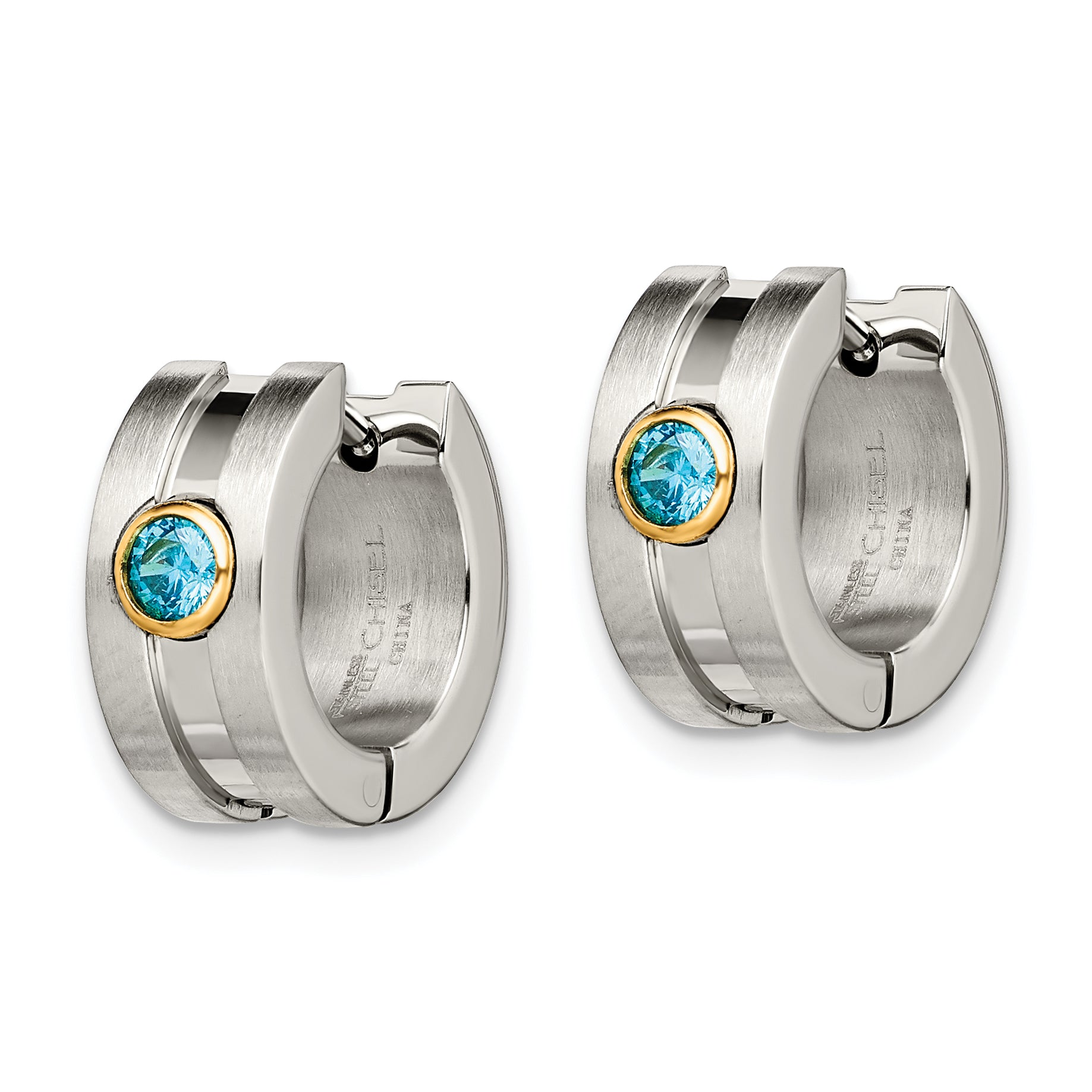 Chisel Stainless Steel Brushed and Polished Yellow IP-plated with Blue CZ Hinged Hoop Earrings