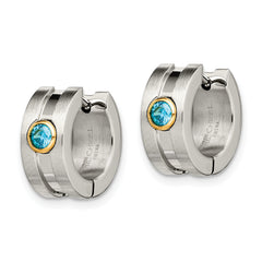 Chisel Stainless Steel Brushed and Polished Yellow IP-plated with Blue CZ Hinged Hoop Earrings