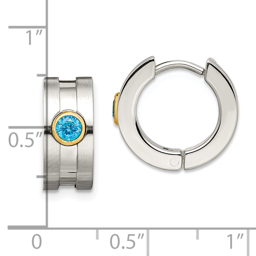 Chisel Stainless Steel Brushed and Polished Yellow IP-plated with Blue CZ Hinged Hoop Earrings