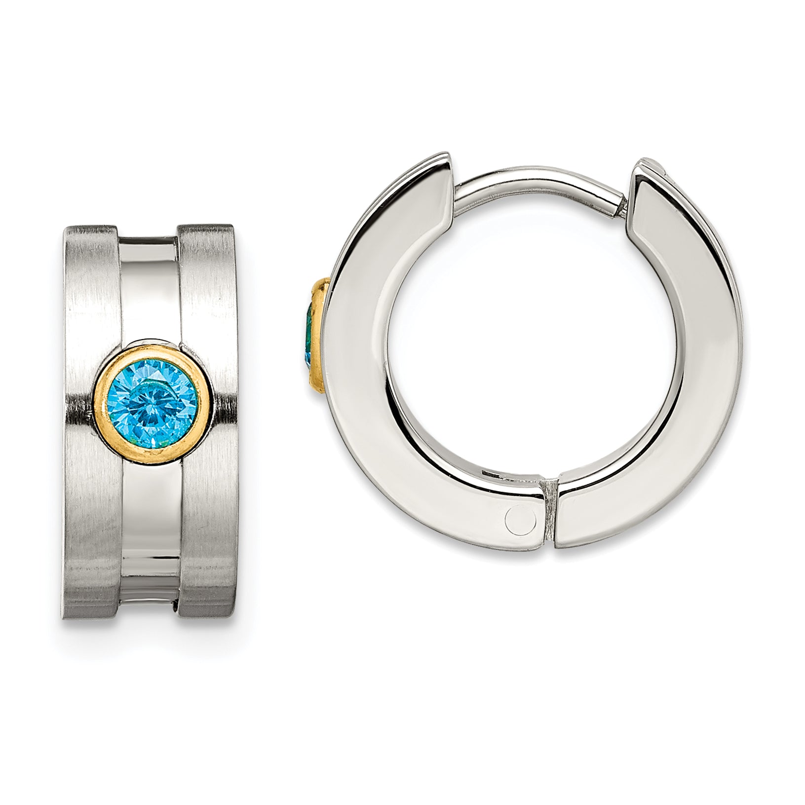 Chisel Stainless Steel Brushed and Polished Yellow IP-plated with Blue CZ Hinged Hoop Earrings