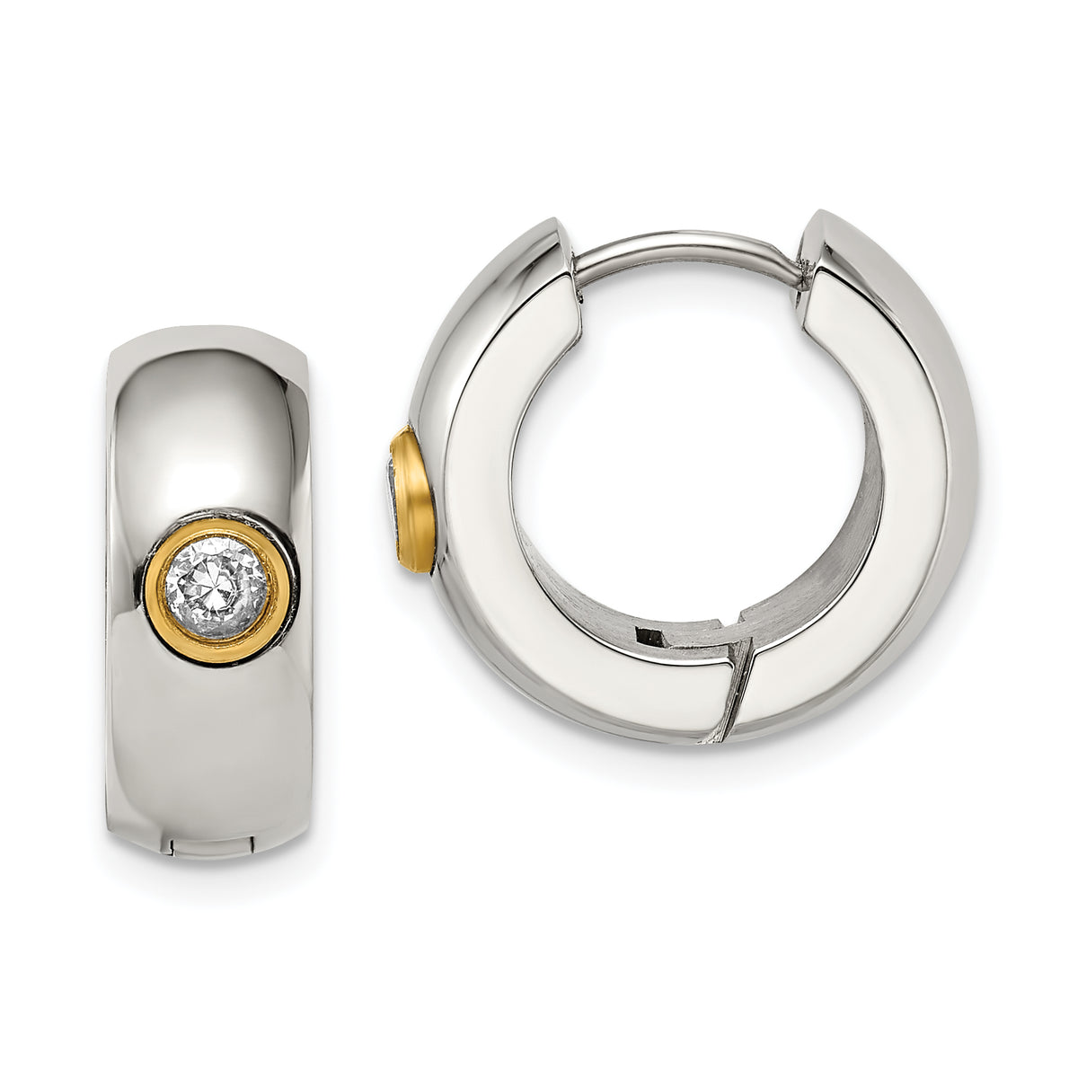 Chisel Stainless Steel Polished Yellow IP-plated with CZ 7mm Hinged Hoop Earrings