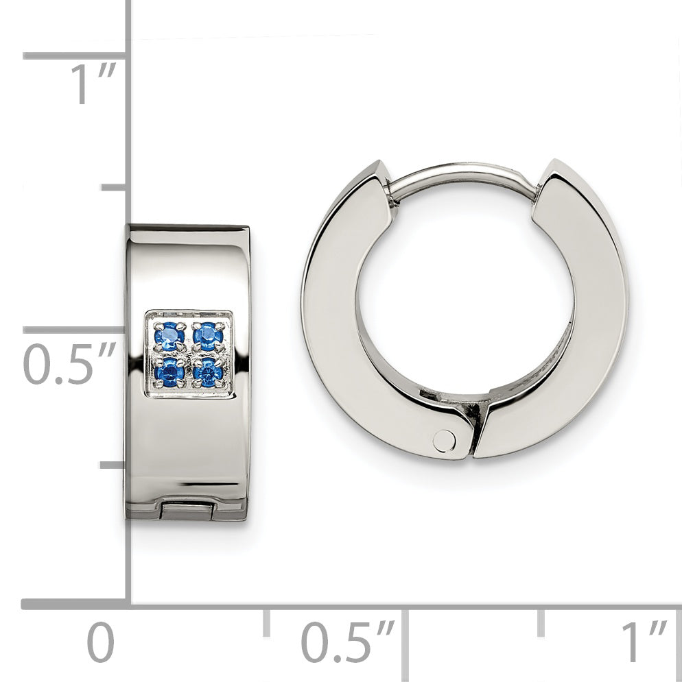 Chisel Stainless Steel Brushed and Polished with Blue CZ 6mm Hinged Hoop Earrings