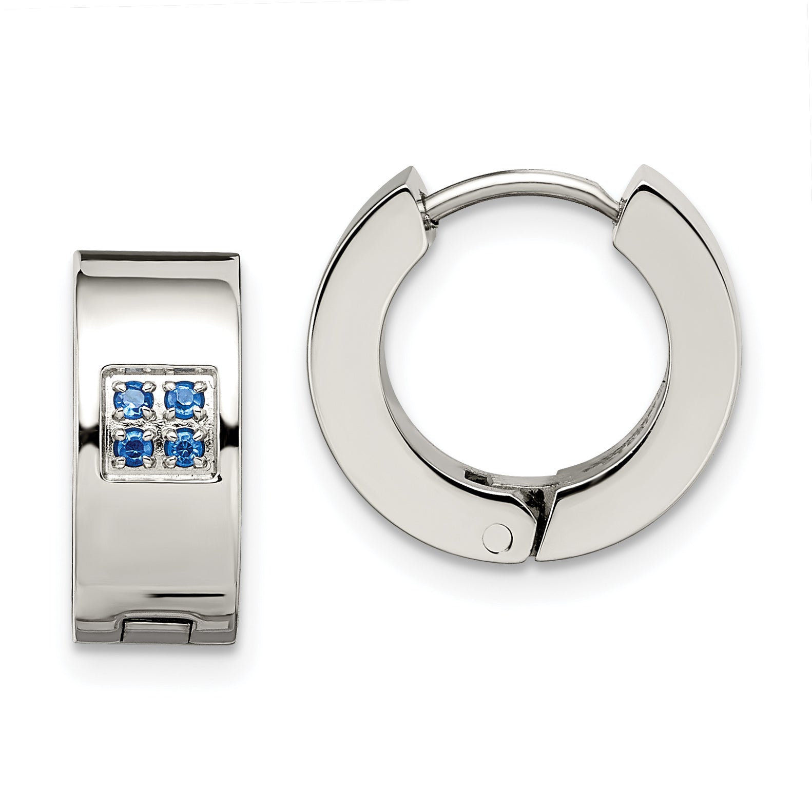 Chisel Stainless Steel Brushed and Polished with Blue CZ 6mm Hinged Hoop Earrings