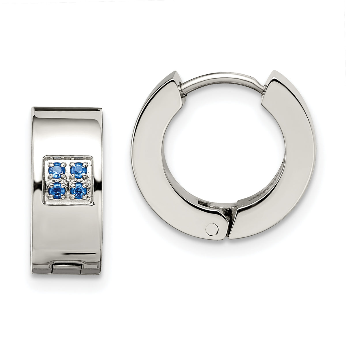 Chisel Stainless Steel Brushed and Polished with Blue CZ 6mm Hinged Hoop Earrings