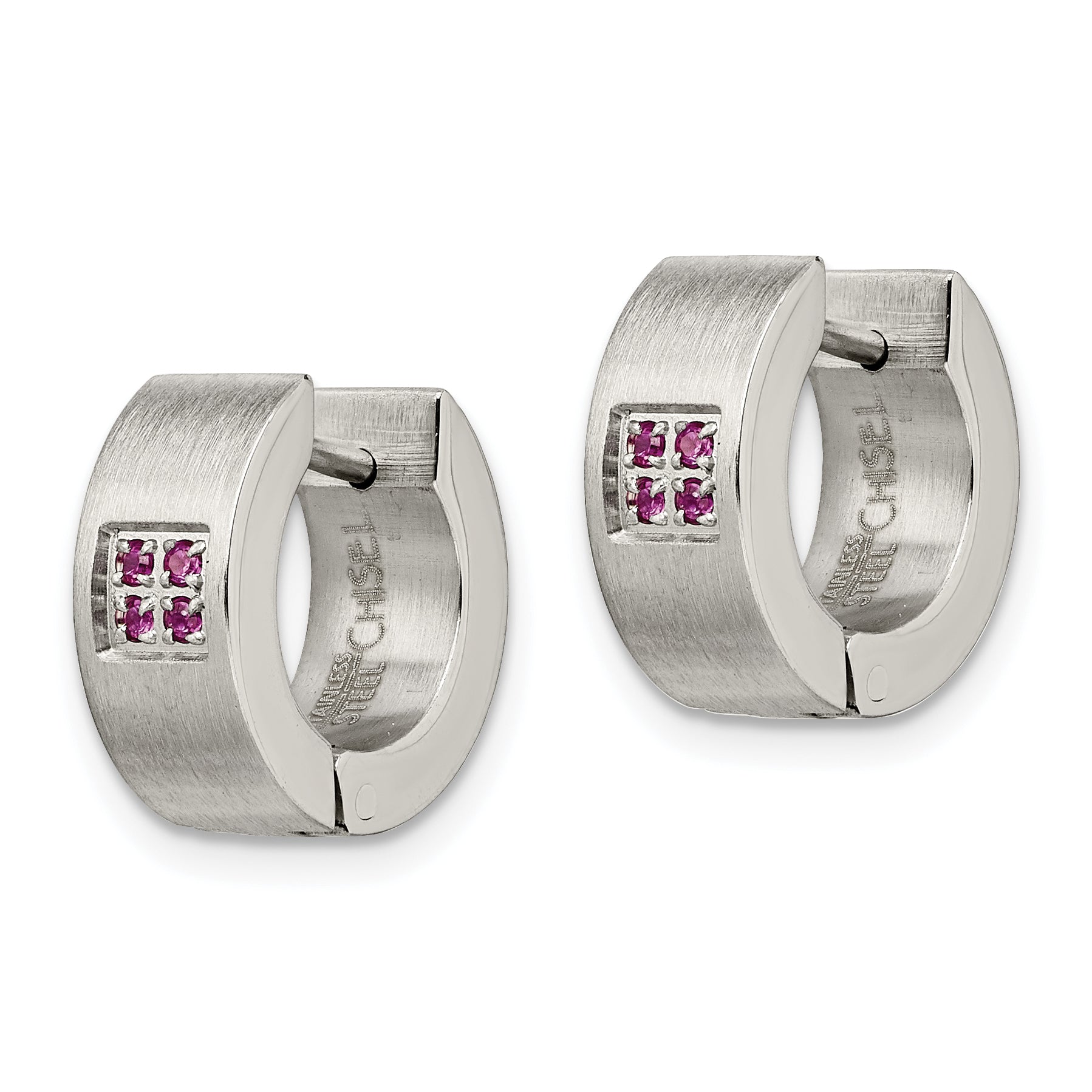 Chisel Stainless Steel Brushed and Polished with Pink CZ 5mm Hinged Hoop Earrings