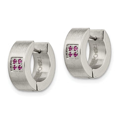 Chisel Stainless Steel Brushed and Polished with Pink CZ 5mm Hinged Hoop Earrings