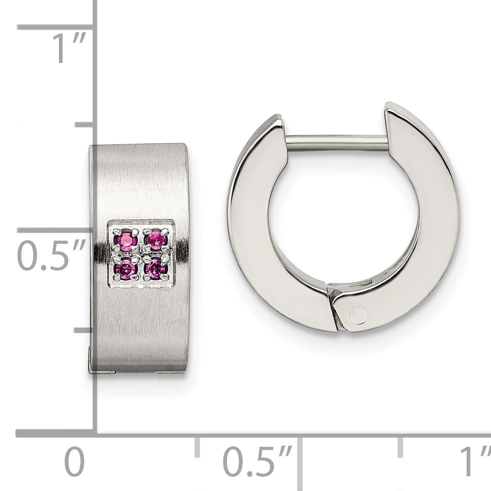 Chisel Stainless Steel Brushed and Polished with Pink CZ 5mm Hinged Hoop Earrings