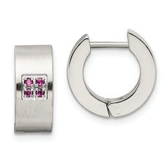 Chisel Stainless Steel Brushed and Polished with Pink CZ 5mm Hinged Hoop Earrings