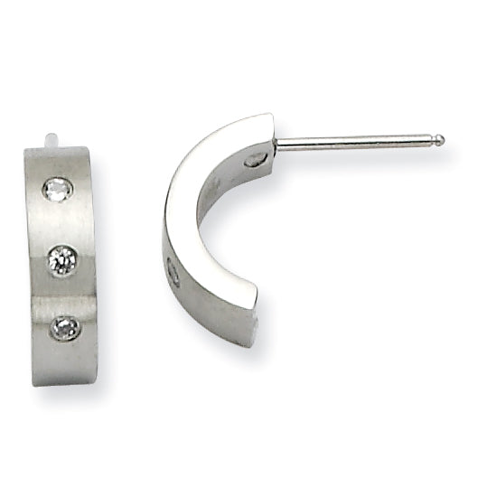 Stainless Steel CZ Brushed & Polished Half Hoop Post Earrings