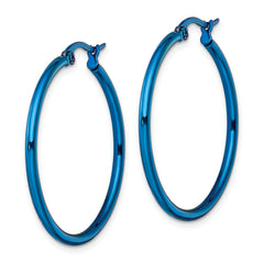 Chisel Stainless Steel Polished Blue IP-plated 32mm Diameter 2mm Hoop Earrings