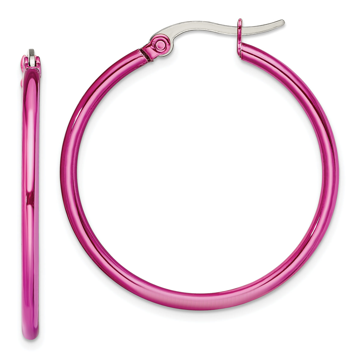 Chisel Stainless Steel Polished Pink IP-plated 32mm Diameter 2mm Hoop Earrings