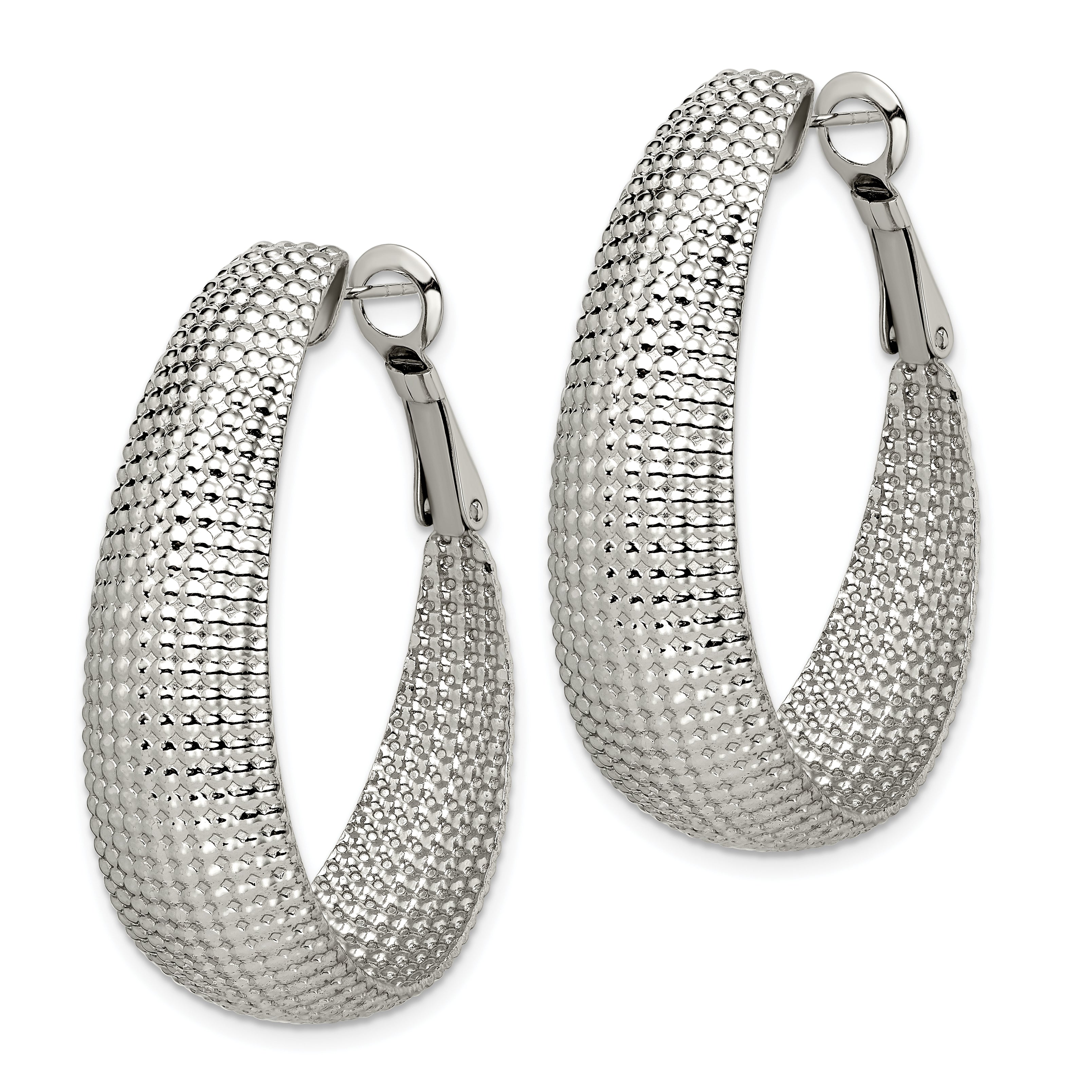 Chisel Stainless Steel Polished and Textured Oval Omega Back Hoop Earrings