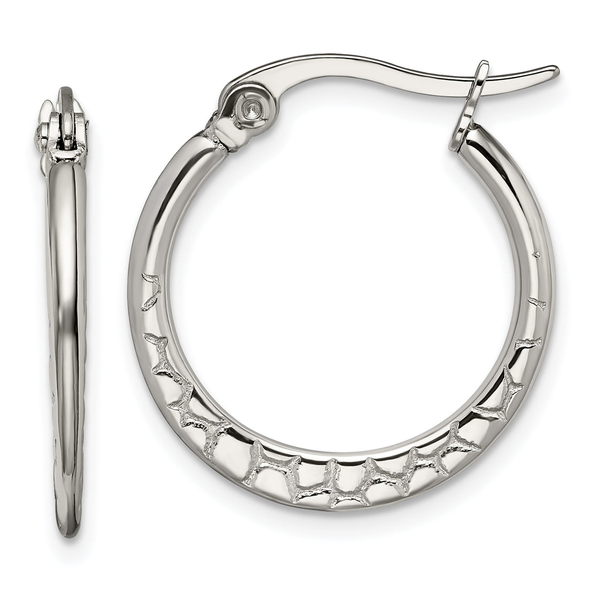 Chisel Stainless Steel Polished and Textured 20mm Diameter Hoop Earrings