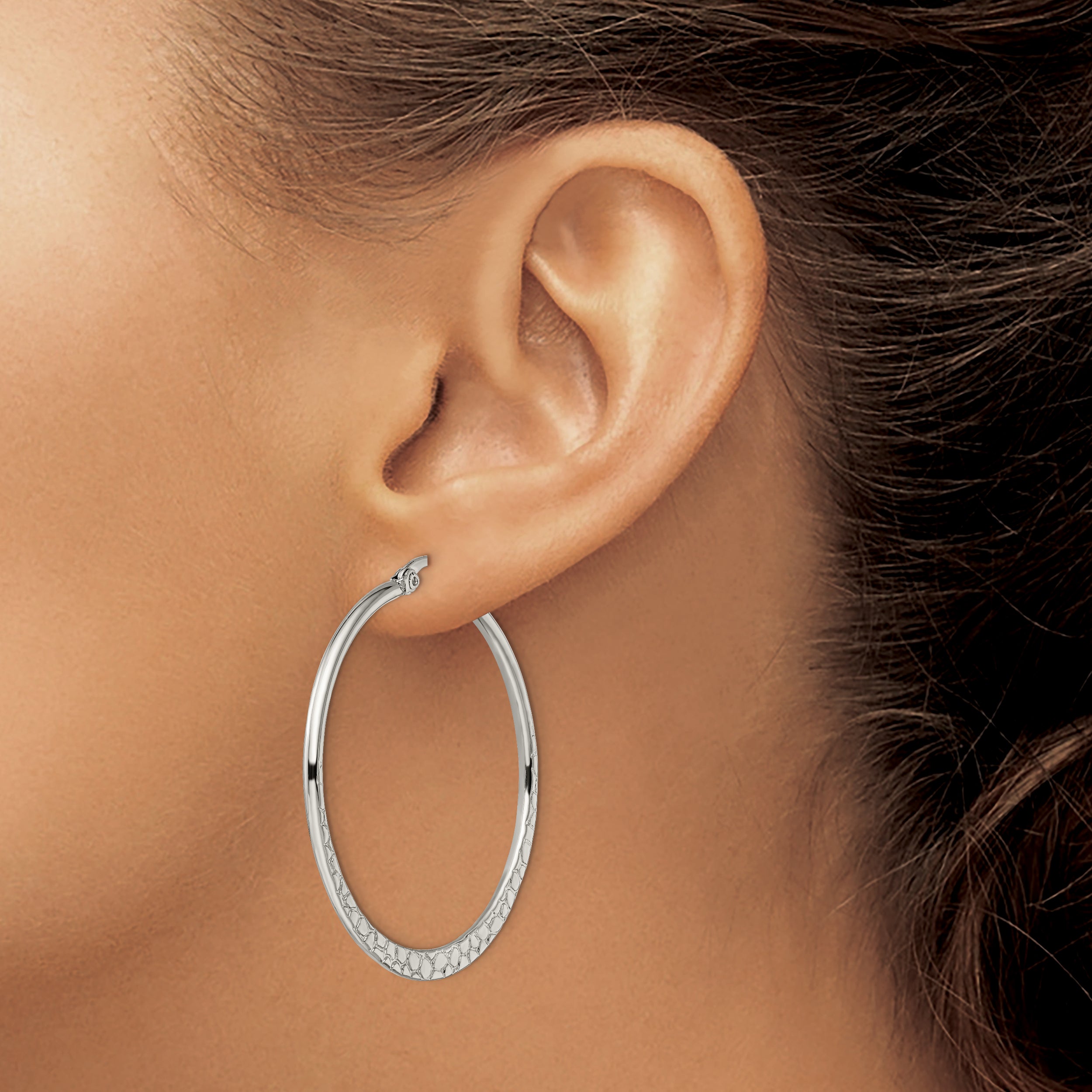 Chisel Stainless Steel Polished and Textured 40mm Diameter Hoop Earrings