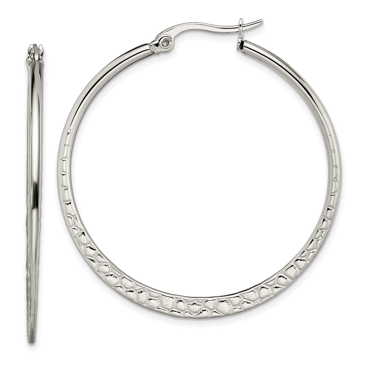 Chisel Stainless Steel Polished and Textured 40mm Diameter Hoop Earrings