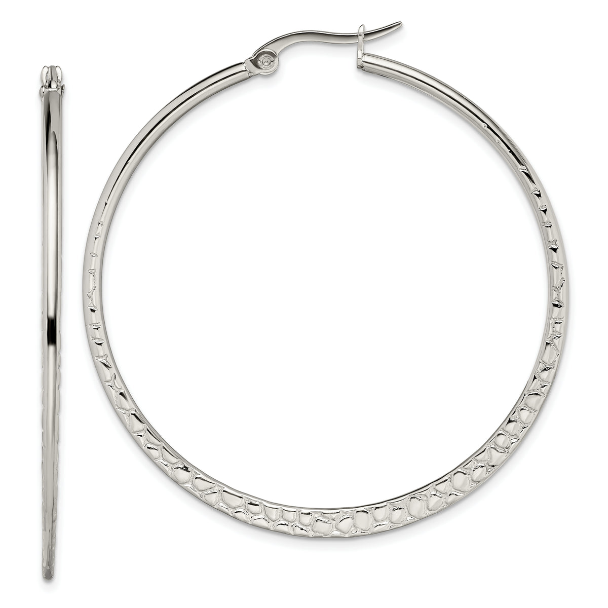 Chisel Stainless Steel Polished and Textured 50mm Diameter Hoop Earrings