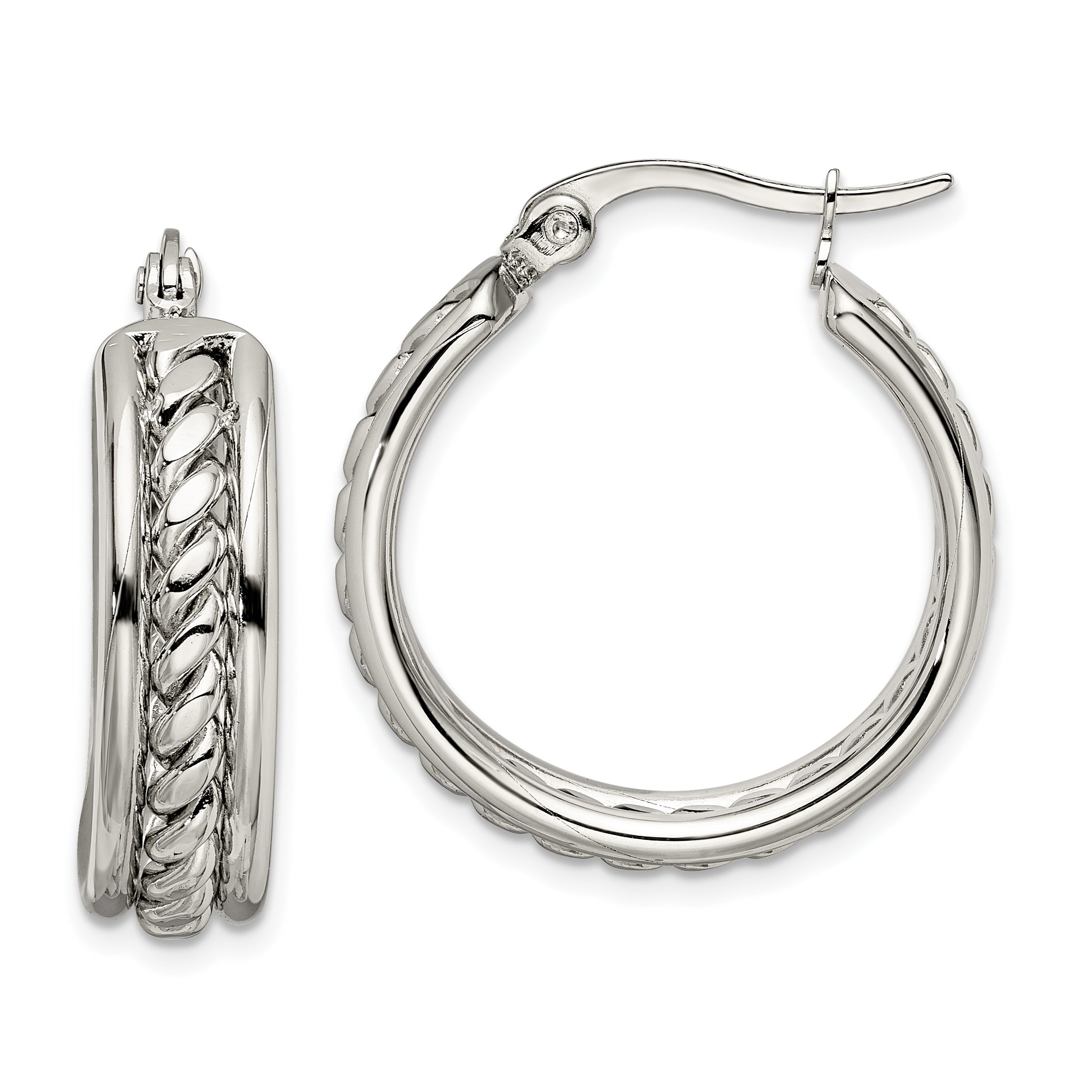 Chisel Stainless Steel Polished Twisted Middle 25mm Diameter Hoop Earrings