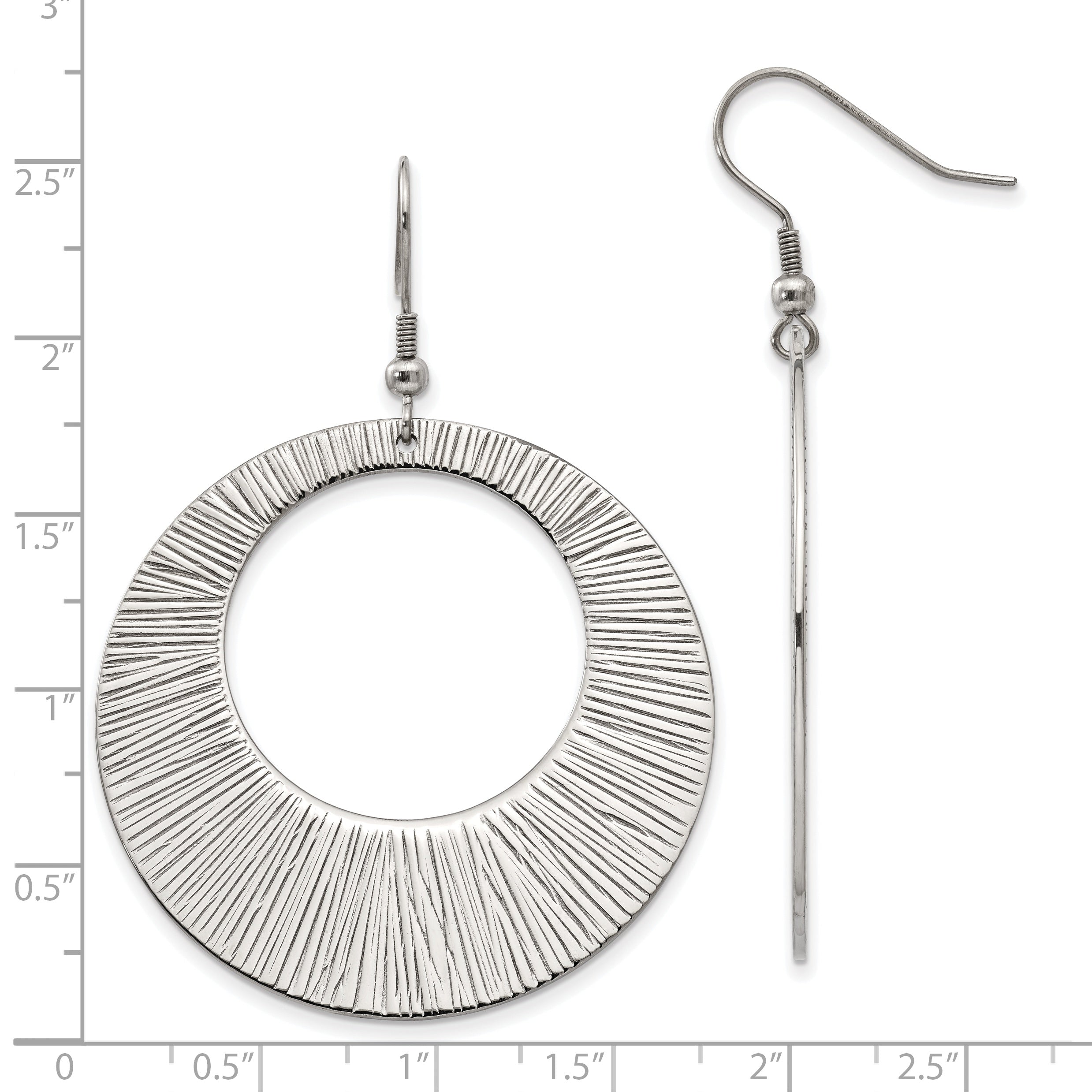 Chisel Stainless Steel Polished and Textured Circle Dangle Shepherd Hook Earrings