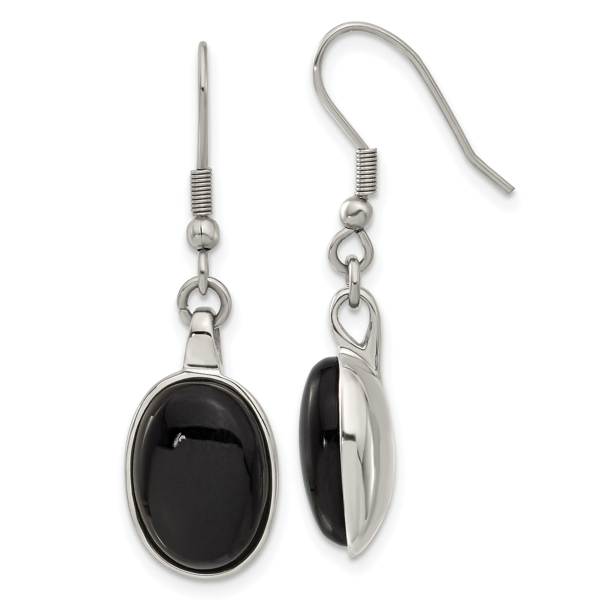 Stainless Steel Black Agate Oval Earrings