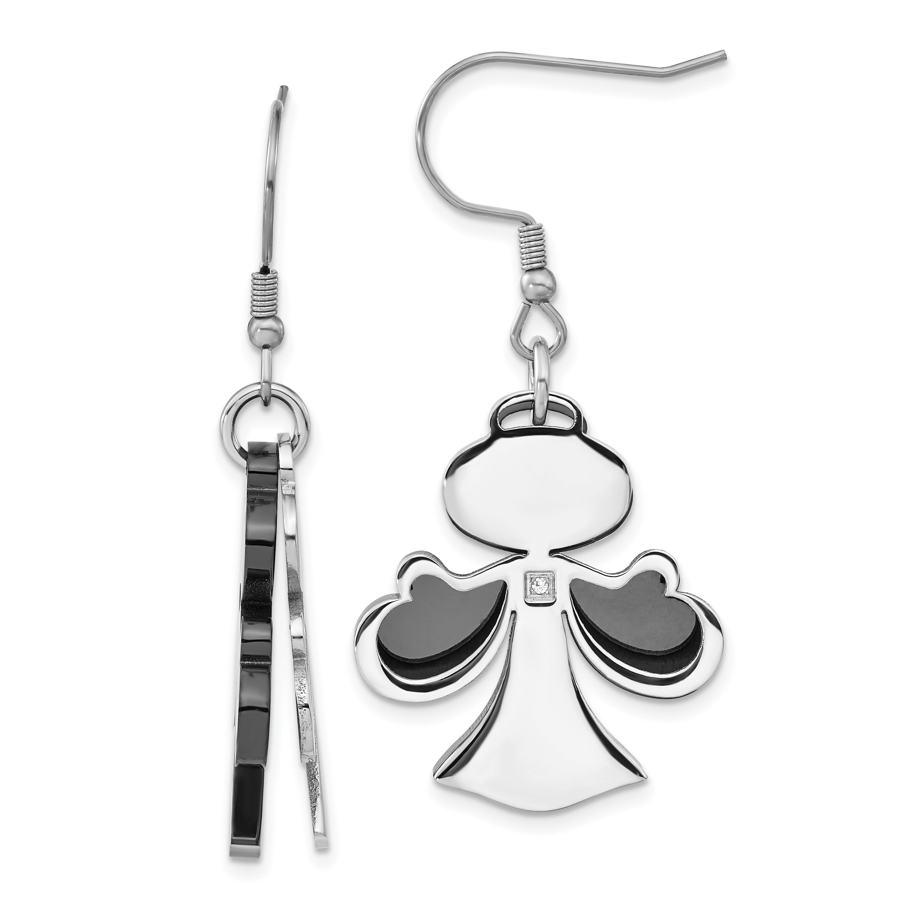 Stainless Steel Black-plated w/CZ Angel Dangle Earrings