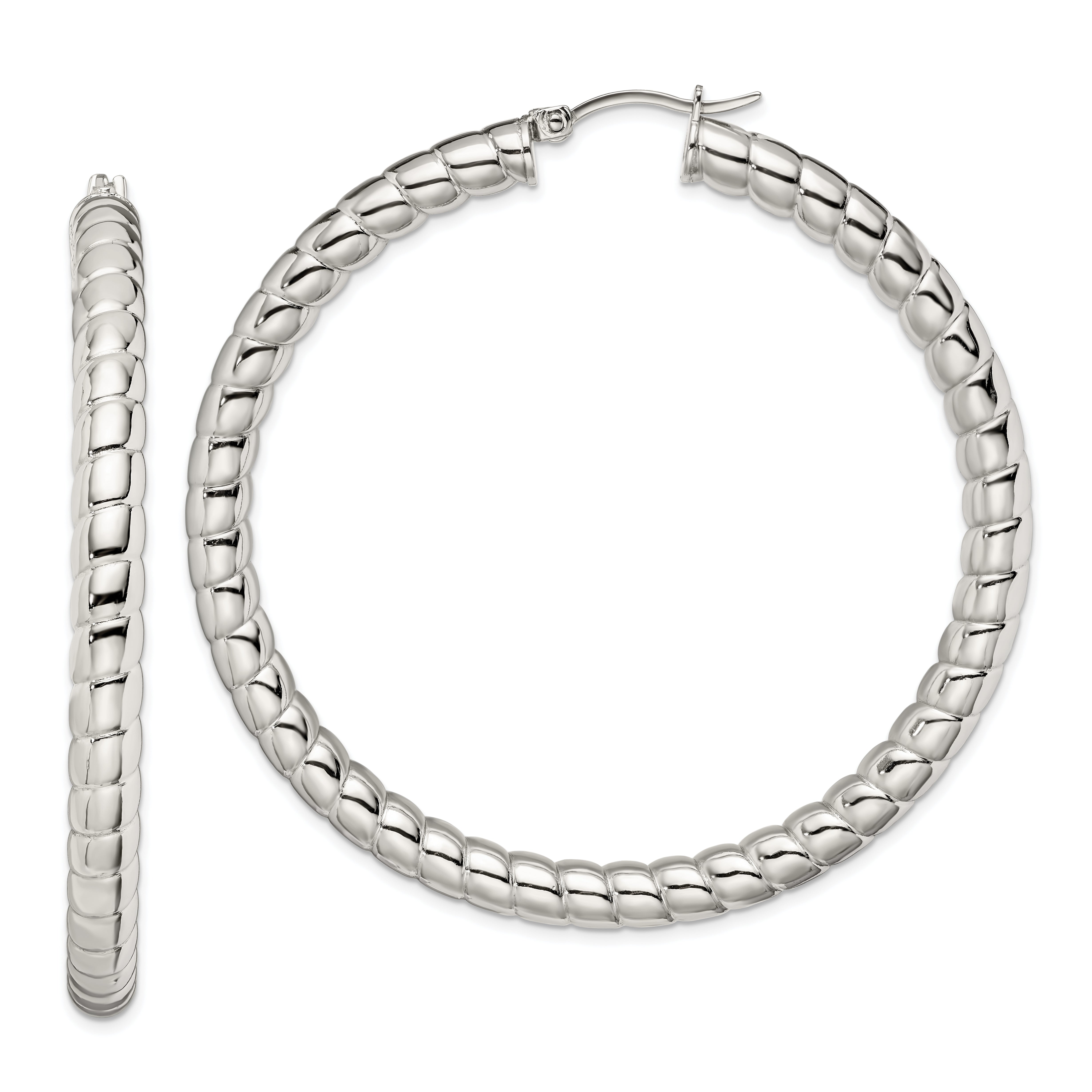 Chisel Stainless Steel Polished and Textured Hollow Hoop Earrings