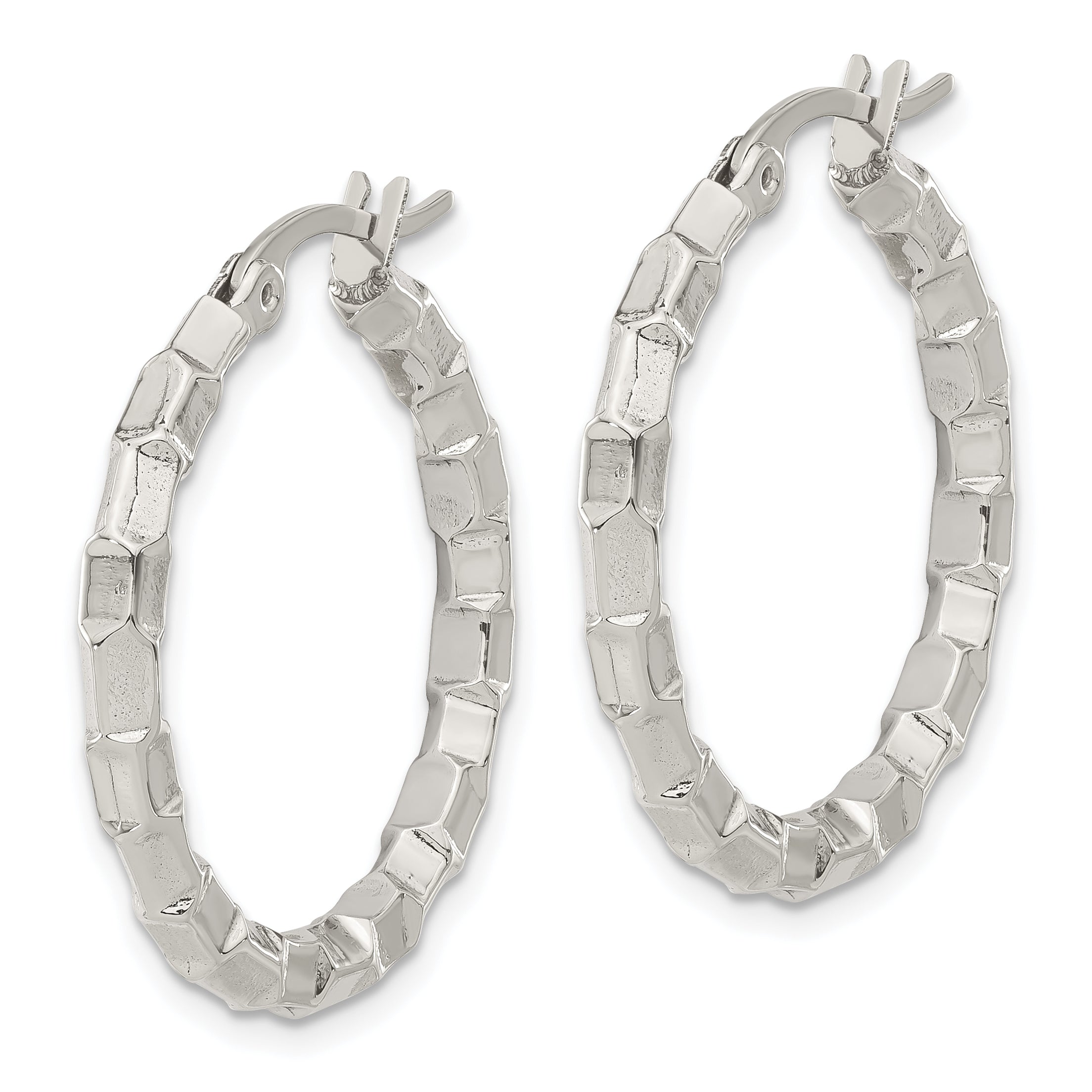 Stainless Steel Polished & Textured Round Hoop Earrings