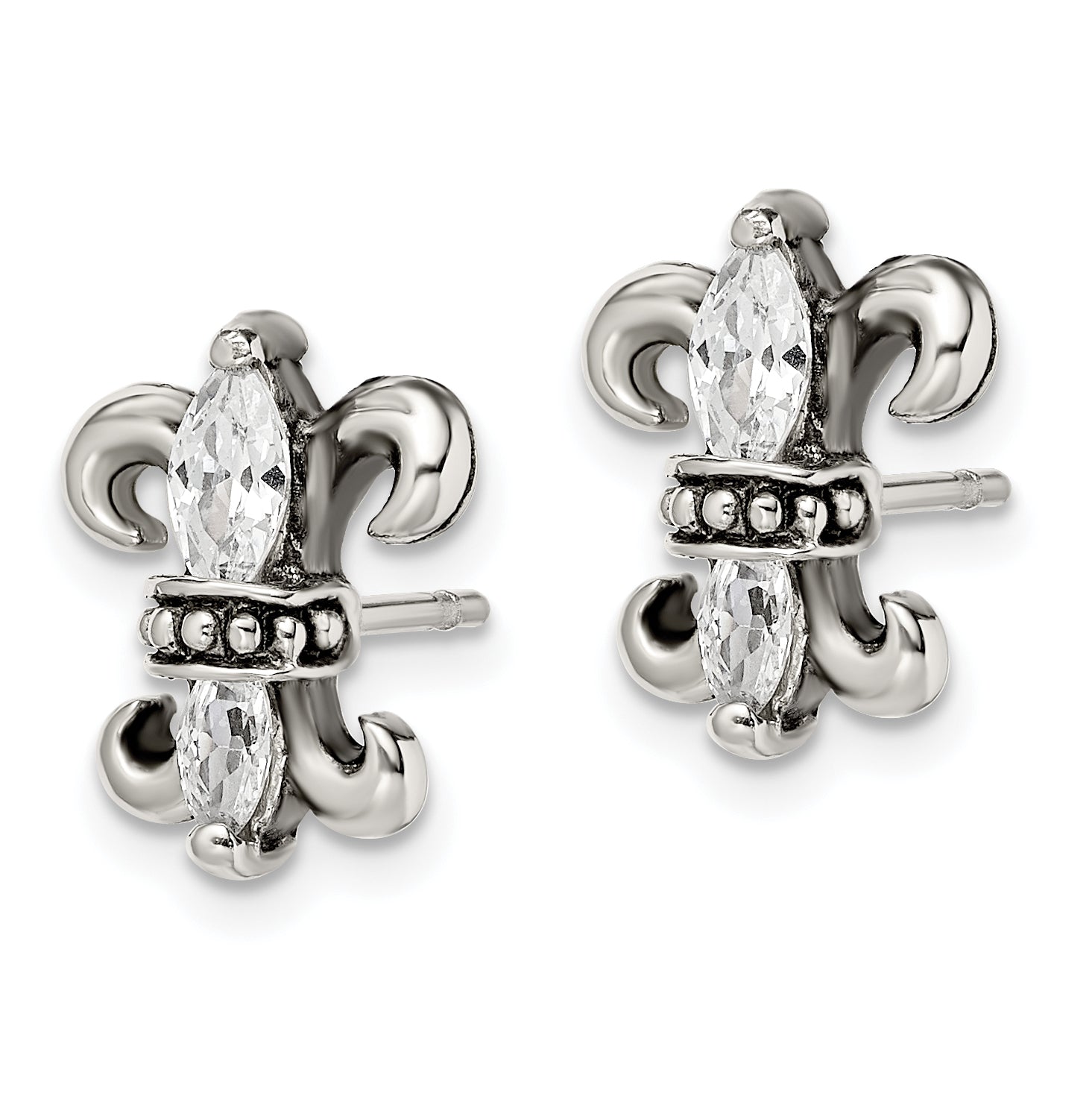 Sophia Jewelers Stainless Steel Fleur de Lis Earrings with CZ Antiqued Finish