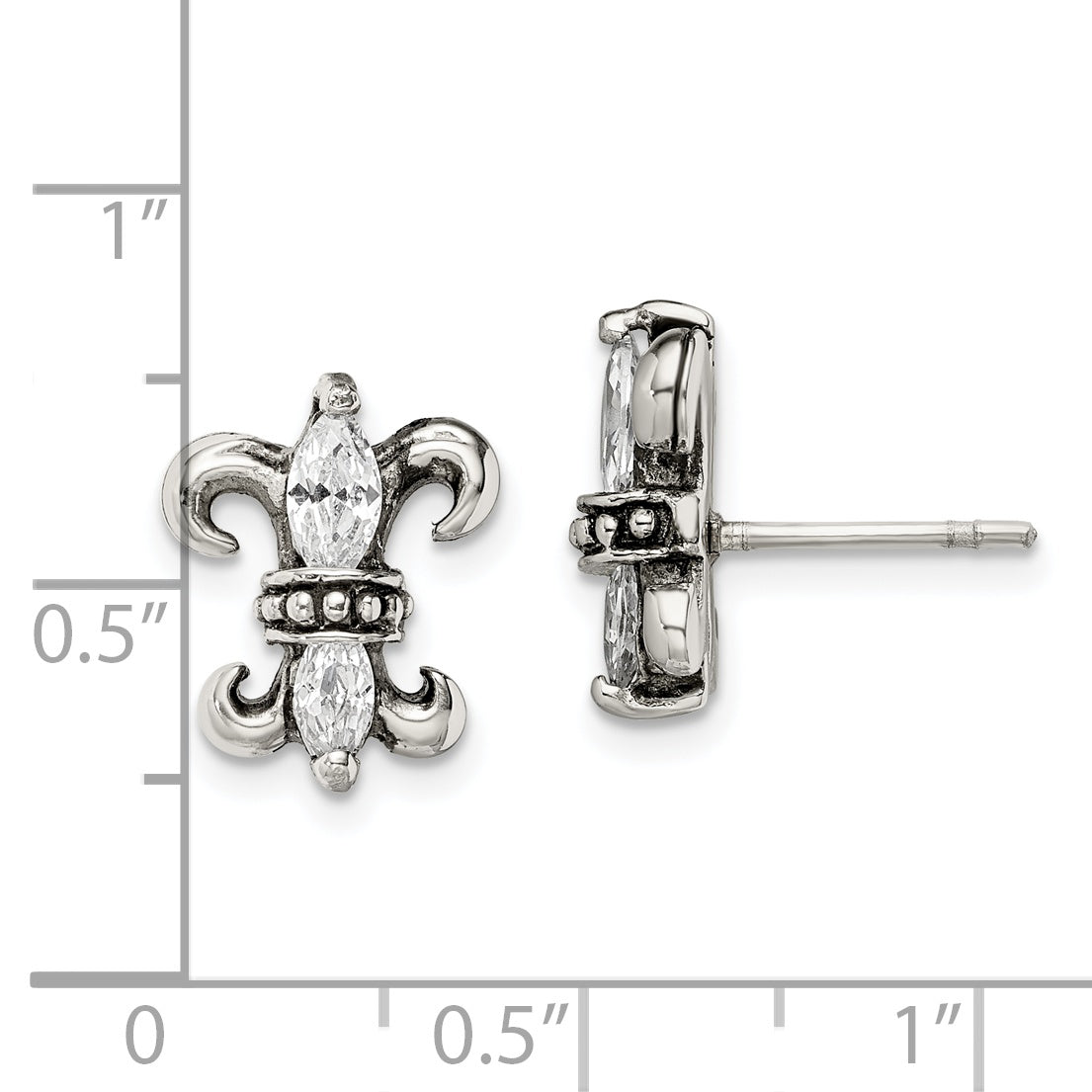 Sophia Jewelers Stainless Steel Fleur de Lis Earrings with CZ Antiqued Finish