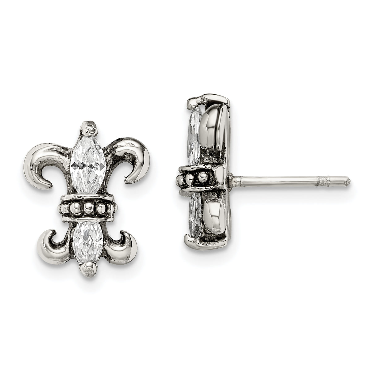 Stainless Steel Antiqued Polished & Textured w/CZ Fleur de lis Post Earring