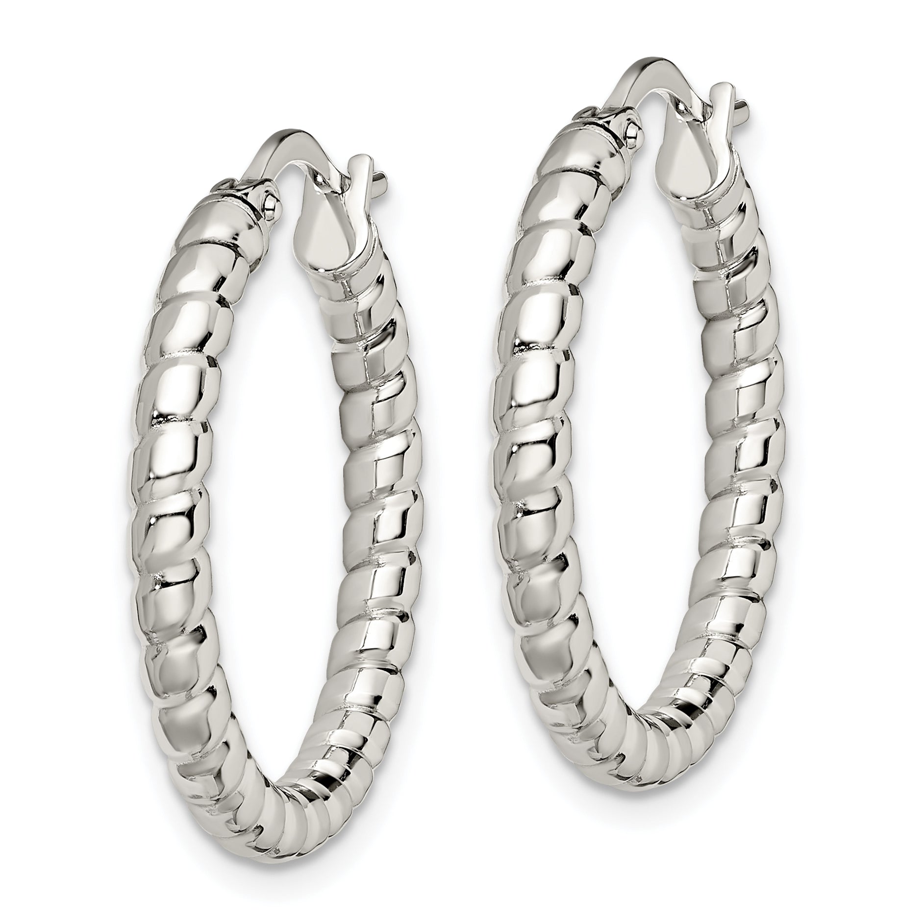 Chisel Stainless Steel Polished and Textured 20mm Diameter Hollow Hoop Earrings